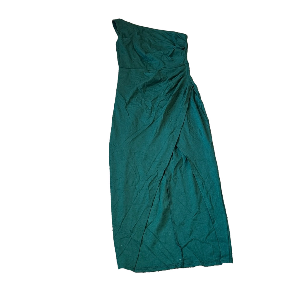 Sarin Mathews Green Ruched One Shoulder Midi Dress Slit SIZE M